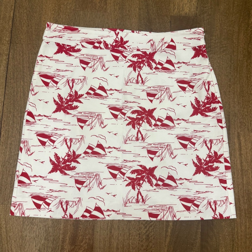 Talbots Petite Red White Nautical Sailboat Palm Tree Toile Mini Skirt 10P